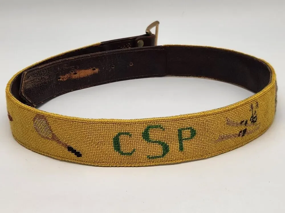 Leather Yellow Needlepoint Belt Brass Buckle CSP, Hunting, Gavel, Tenis, 40''L